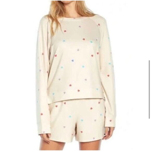 Wildfox Lounge Set Sweatshirt & Shorts Oatmeal Hearts XXL NWT$160 - Picture 1 of 7
